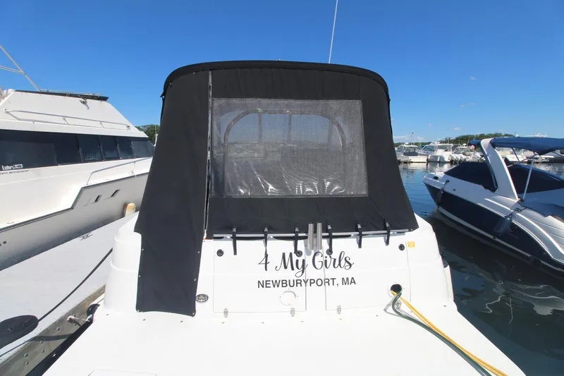 Slide: The Image of 2004 Four Winns 348 Vista boat docked in Newburyport, MA, with black canopy. - 5