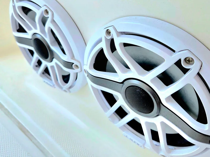 Slide: The Image of Close-up of dual marine speakers on a 2023 SeaVee 37 Z boat. - 21