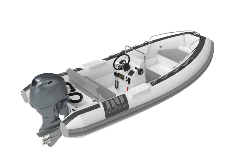 Slide: The Image of 2026 Novurania DL 400 inflatable boat with outboard motor, sleek design, and modern features. - 17