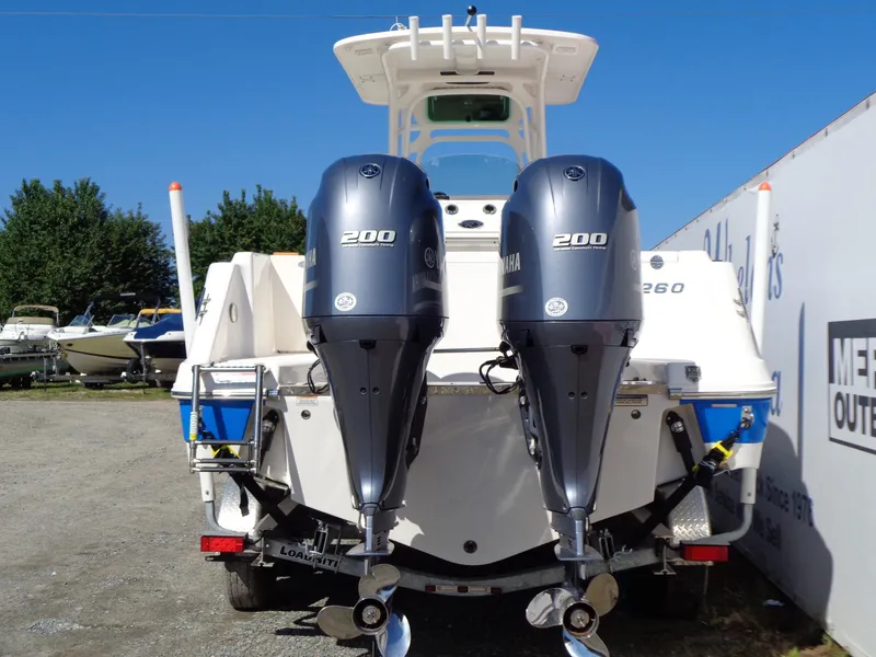 Slide: The Image of 2017 Robalo R260 Center Console boat with twin Yamaha 200 engines, rear view. - 22