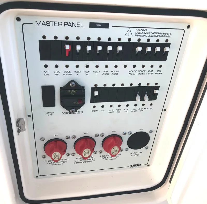 Slide: The Image of Master panel of 2008 Tiara Yachts 3900 Sovran with switches and controls. - 33