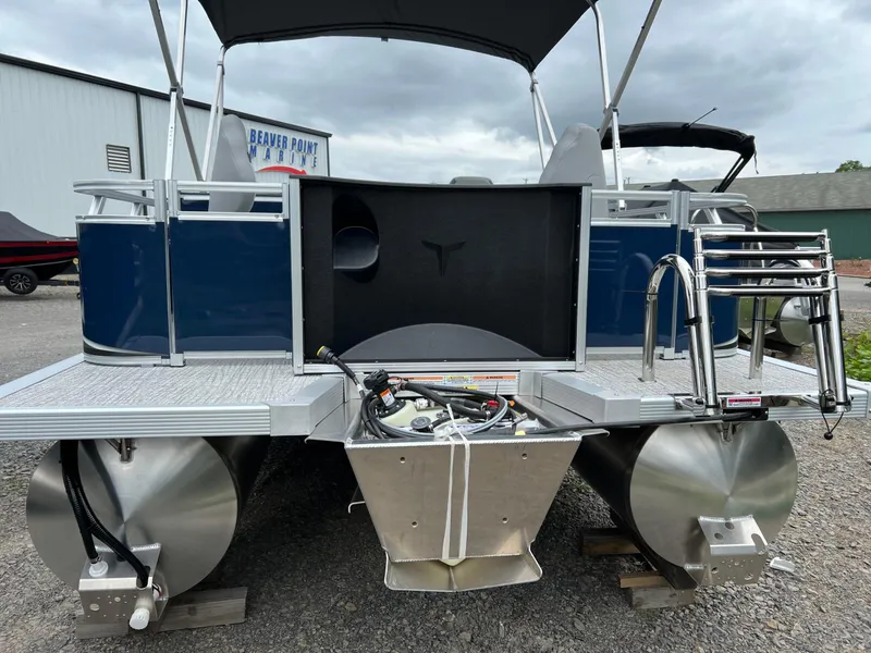Slide: The Image of 2026 Tahoe Pontoon LTZ 2385 RF, rear view with ladder and pontoons, at Beaver Point Marine. - 7