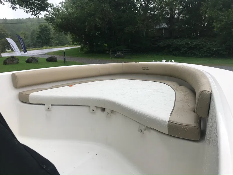Slide: The Image of 2020 Pioneer 180 Islander boat with beige seating, wet from rain, surrounded by greenery. - 3