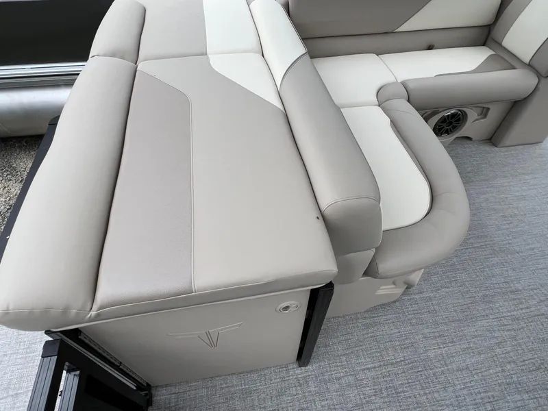 Slide: The Image of 2026 Tahoe Pontoon SPORT 85 2385 CRUISE interior seating, featuring beige and white upholstery. - 14