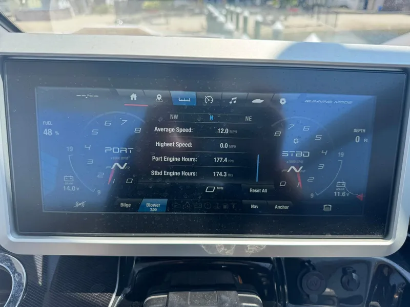 Slide: The Image of Dashboard of 2022 Yamaha Boats 275SD showing speed, engine hours, and fuel level. - 18