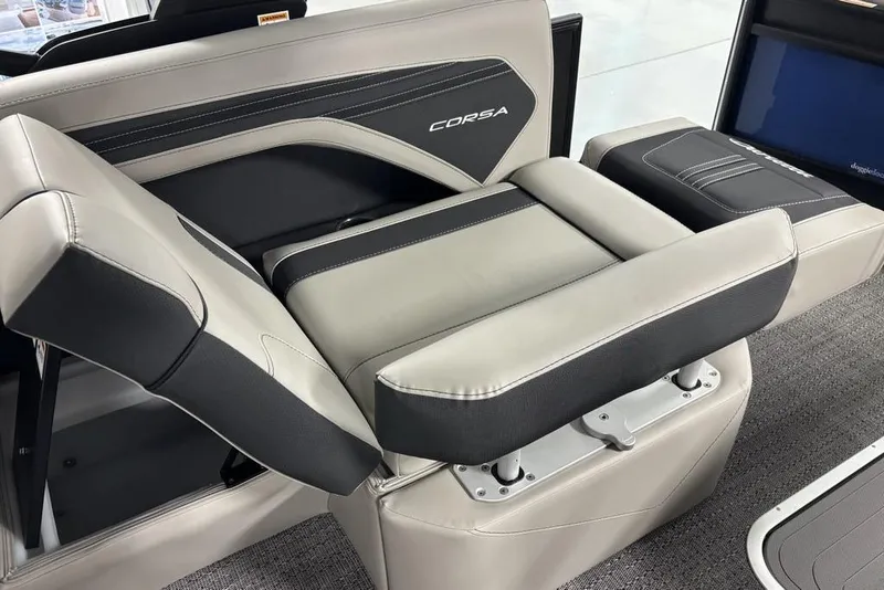 Slide: The Image of 2026 Barletta Corsa boat seat with adjustable backrest, featuring sleek black and gray upholstery. - 12