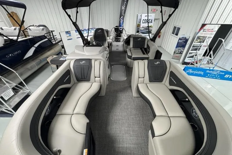 Slide: The Image of 2026 Barletta Corsa pontoon boat interior with luxurious seating and modern design. - 3