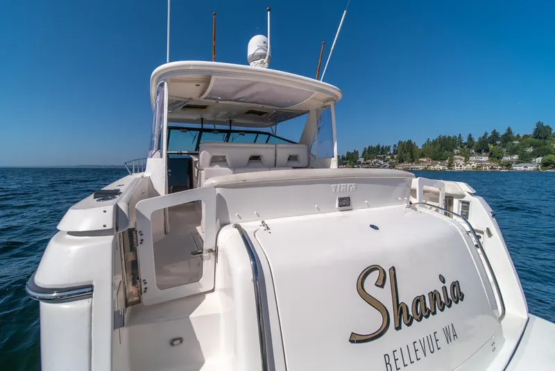 Slide: The Image of 2001 Tiara Sport 4000 EXPRESS yacht named "Shania" on open water, Bellevue, WA. - 27
