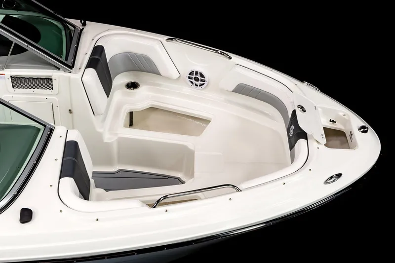 Slide: The Image of Manufacturer Provided Image: 2022 Chaparral 21 Surf boat interior, white and gray seating, spacious bow area. - 6