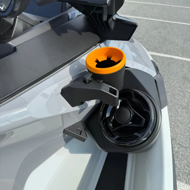 Slide: The Image of 2024 Sea-Doo Fishpro Trophy 170 cup holder detail on a sleek watercraft. - 12