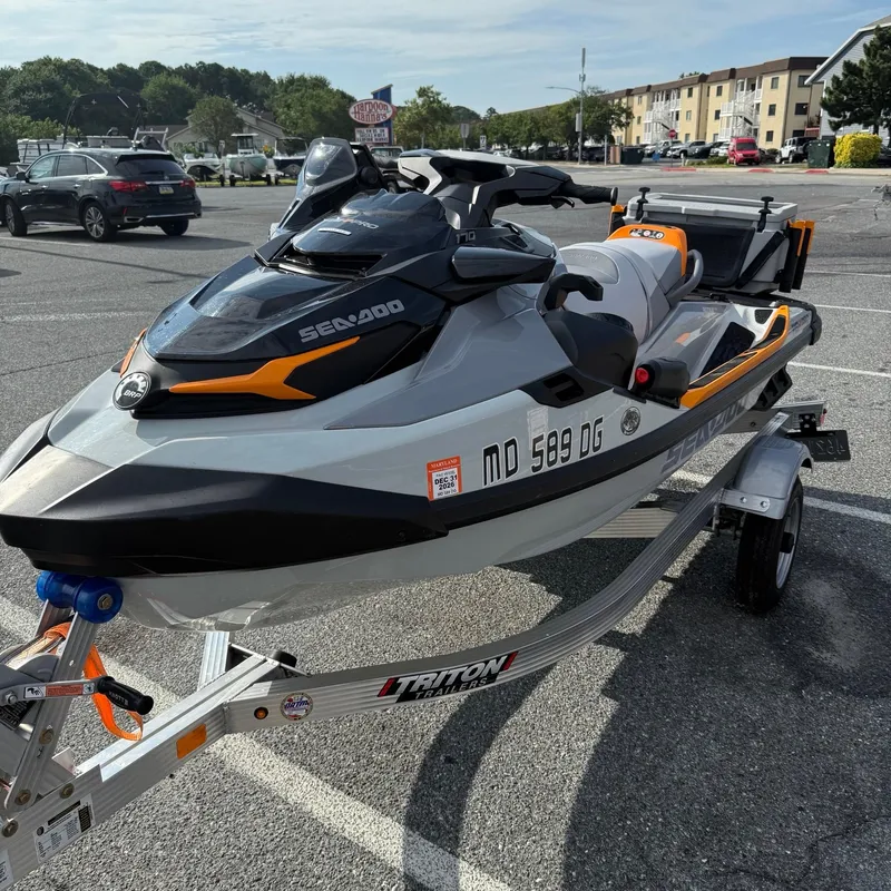 Slide: The Image of 2024 Sea-Doo Fishpro Trophy 170 on trailer in parking lot. - 4