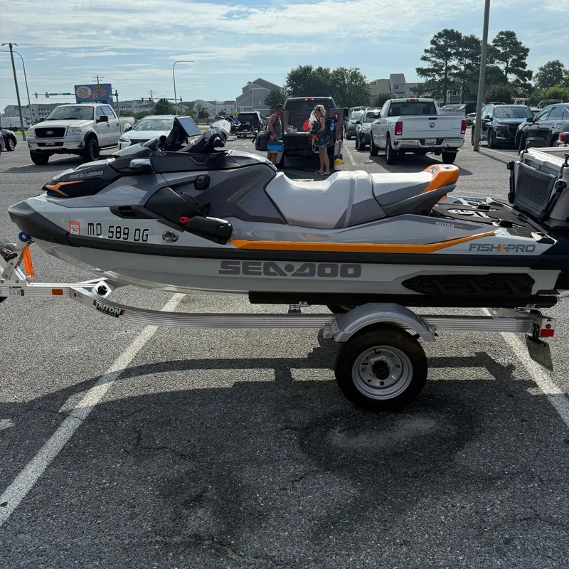 Slide: The Image of 2024 Sea-Doo Fishpro Trophy 170 on trailer in parking lot. - 5
