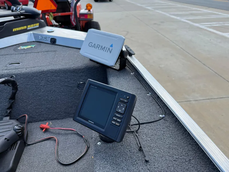 Slide: The Image of 2018 Lowe Stryker 16 boat with Garmin fishfinder and Minn Kota trolling motor. - 10