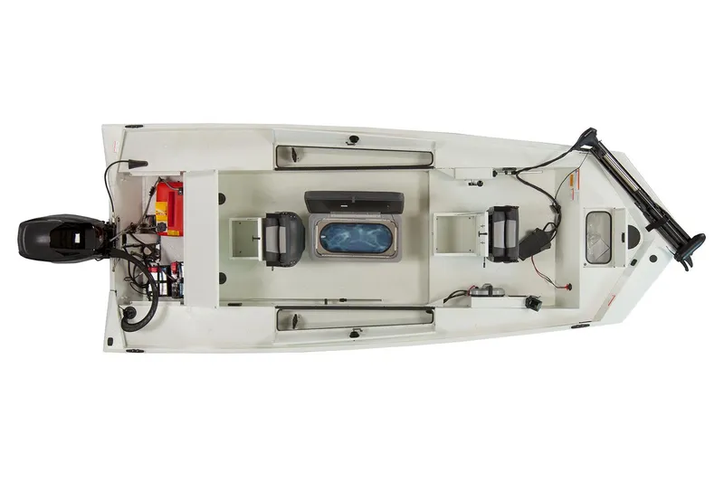 Slide: The Image of Manufacturer Provided Image: 2018 Lowe Stryker 16 fishing boat, top view, showing seating, storage, and motor. - 32