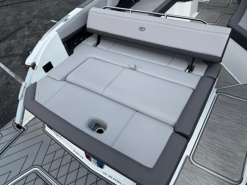 Slide: The Image of 2022 Cobalt R8 boat with sleek gray seating and modern design. - 15