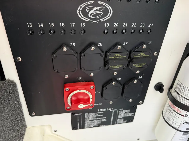 Slide: The Image of Control panel of a 2022 Cobalt R8 boat with circuit breakers and switches. - 47