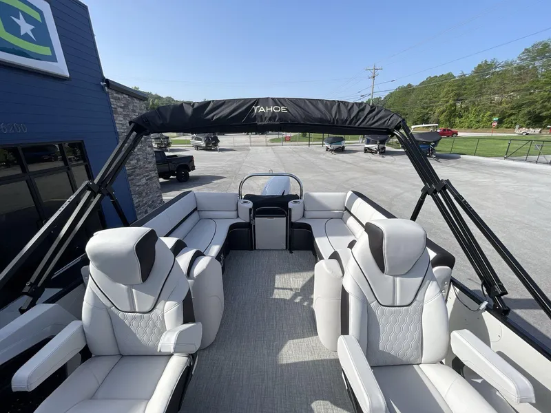 Slide: The Image of 2024 Tahoe Pontoon 23 Cascade Versatile Rear Lounger with luxurious seating and canopy. - 15
