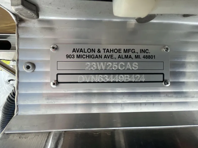 Slide: The Image of 2024 Tahoe Pontoon 23 Cascade Versatile Rear Lounger identification plate, Avalon & Tahoe Mfg, Alma, MI. - 3