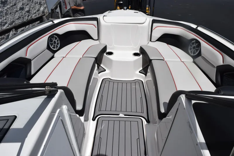 Slide: The Image of 2018 Yamaha Boats 212X interior with sleek seating and modern design. - 12