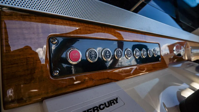 Slide: The Image of Control panel of 2025 Chris-Craft Catalina 30 boat with Mercury branding. - 29