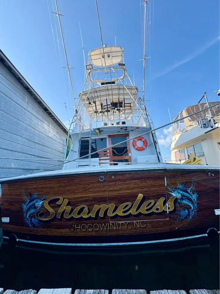 Slide: The Image of 1983 Hatteras 46 Convertible boat named "Shameless" docked in Chocowinity, NC. - 4