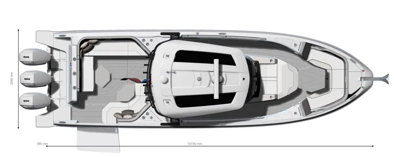 Slide: The Image of Top view of 2025 Wellcraft 38 T-Top boat with triple engines and spacious deck layout. - 46