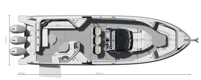 Slide: The Image of Top view of 2025 Wellcraft 38 T-Top boat layout with triple engines. - 47
