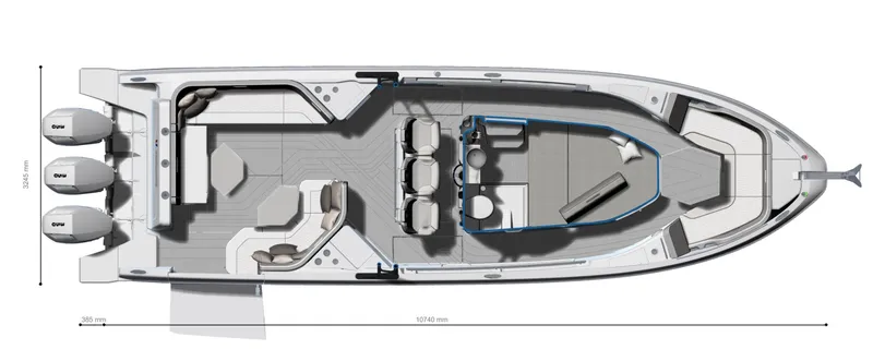 Slide: The Image of Top view of 2025 Wellcraft 38 T-Top boat layout with triple engines. - 48