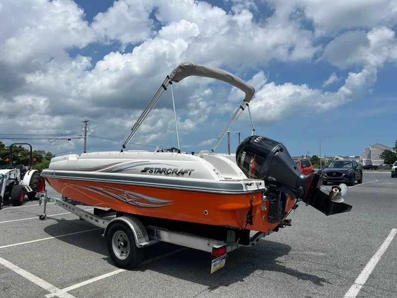 Slide: The Image of 2021 Starcraft Limited 1915 OB boat on trailer in parking lot under cloudy sky. - 4