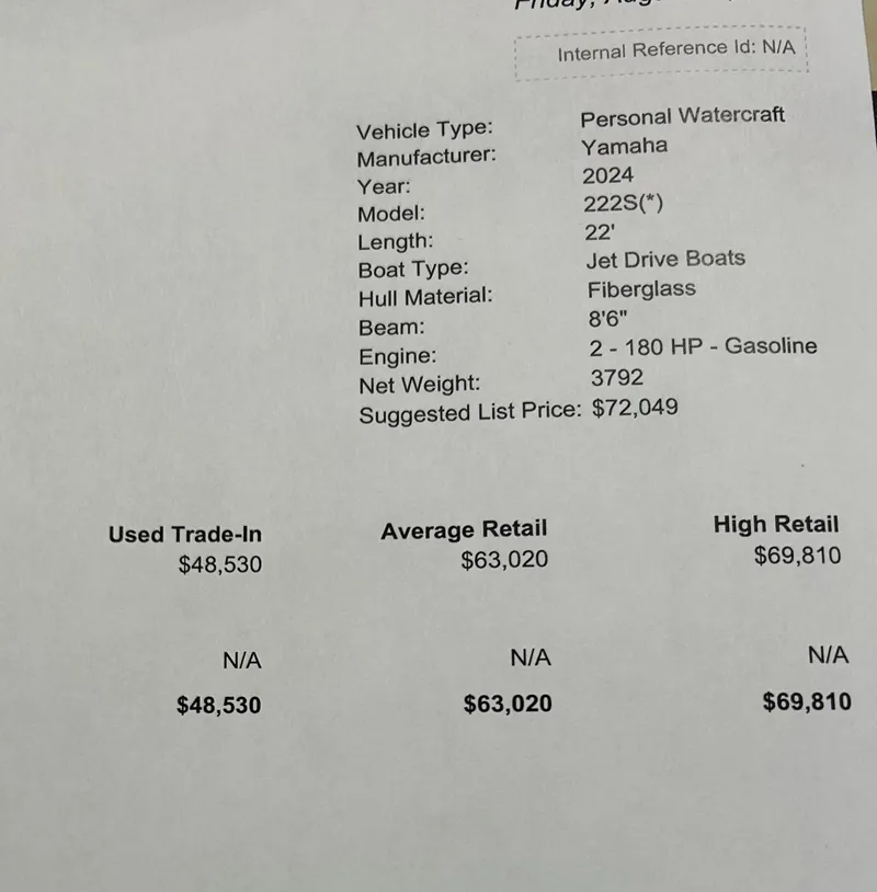 Slide: The Image of 2024 Yamaha Boats 222 S specifications and pricing details, including retail and trade-in values. - 2