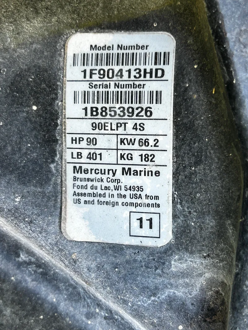 Slide: The Image of Label on Mercury Marine engine, model 1F90413HD, 90 HP, 2007 Palm Beach Sport Cruise 2423. - 4