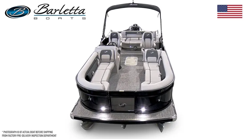 Slide: The Image of Barletta ARIA 24 UC 2026 pontoon boat with luxurious interior and US flag. - 5