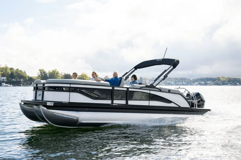 The Image of 2026 Barletta Corsa 23 U pontoon boat displayed at a show. - 0