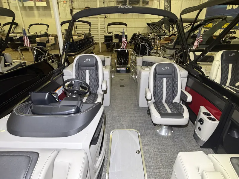 Slide: The Image of The image shows the interior of a 2026 Barletta Lusso 23 QCSS boat with luxurious seating and modern design. - 18