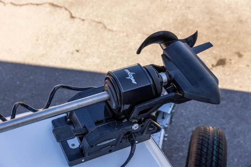 Slide: The Image of Trolling motor on 2026 Crevalle 26 HCO boat, mounted on a trailer. - 17