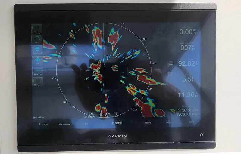 Slide: The Image of Garmin marine radar display on 2008 Intrepid 430 Sport Yacht, showing navigation data. - 20
