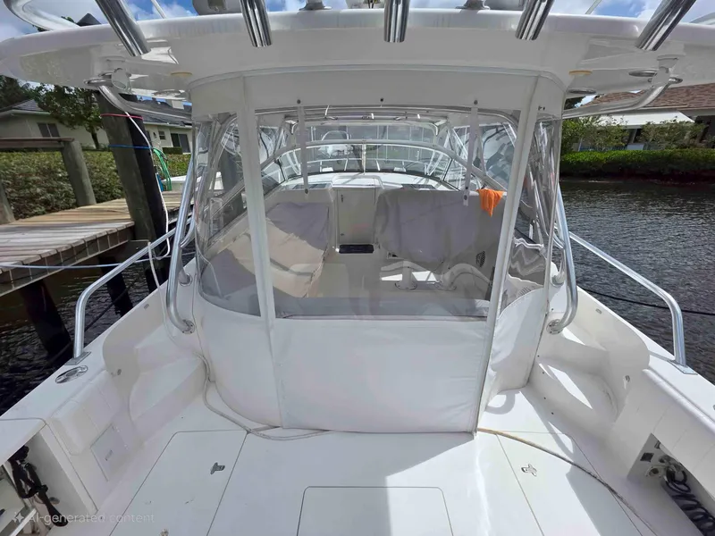 Slide: The Image of 2008 Intrepid 430 Sport Yacht with enclosed cockpit, docked by a serene waterfront. - 54