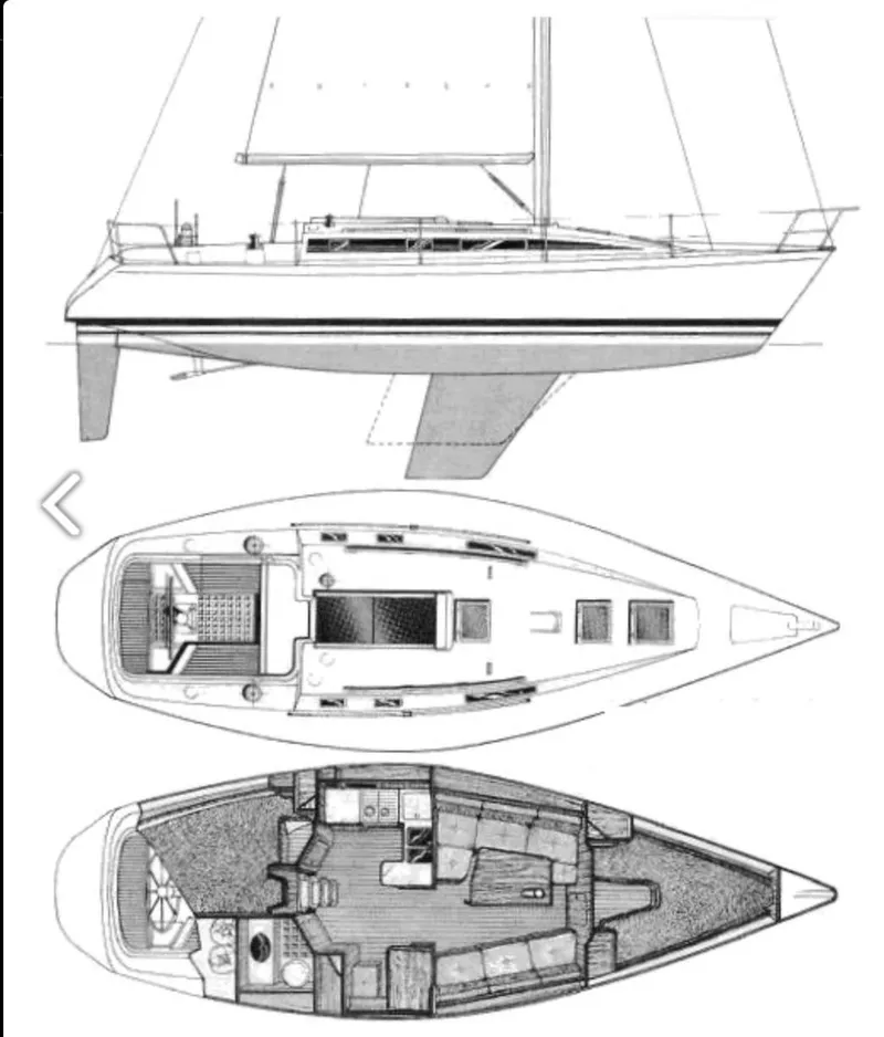 Slide: The Image of Blueprint of 1985 Beneteau First 375 sailboat, showing side, deck, and interior layouts. - 3
