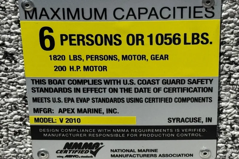 Slide: The Image of Maximum capacity sign for Apex Outlander V2010, 2024 model, 6 persons or 1056 lbs. - 19