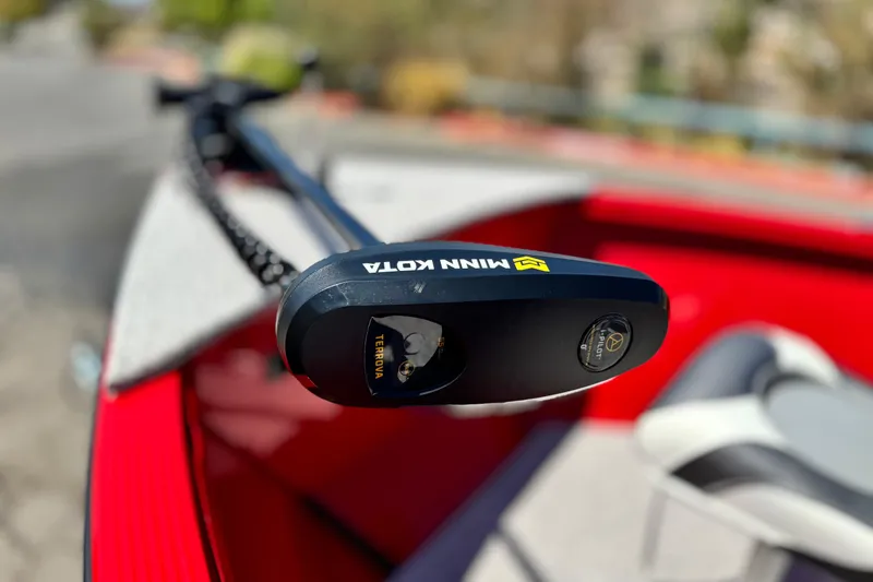 Slide: The Image of Minn Kota Terrova motor on 2023 Apex Polar Kraft V186 boat, featuring red and gray design. - 10