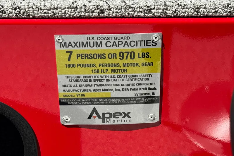 Slide: The Image of 2023 Apex Polar Kraft V186 capacity plate, red background, 7 persons or 970 lbs limit. - 26