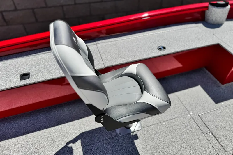 Slide: The Image of 2023 Apex Polar Kraft V186 boat seat, gray and black, on red deck. - 22