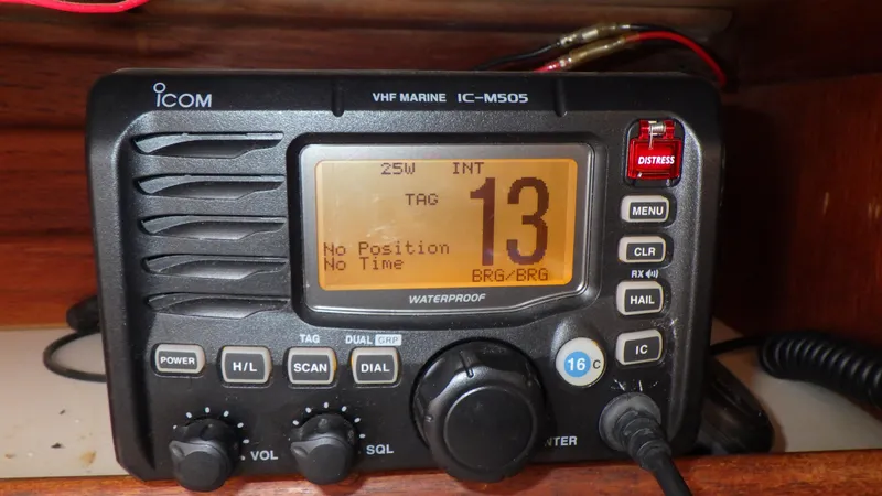 Slide: The Image of VHF marine radio IC-M505 displaying channel 13, installed on a 1982 Bristol 35.5. - 15