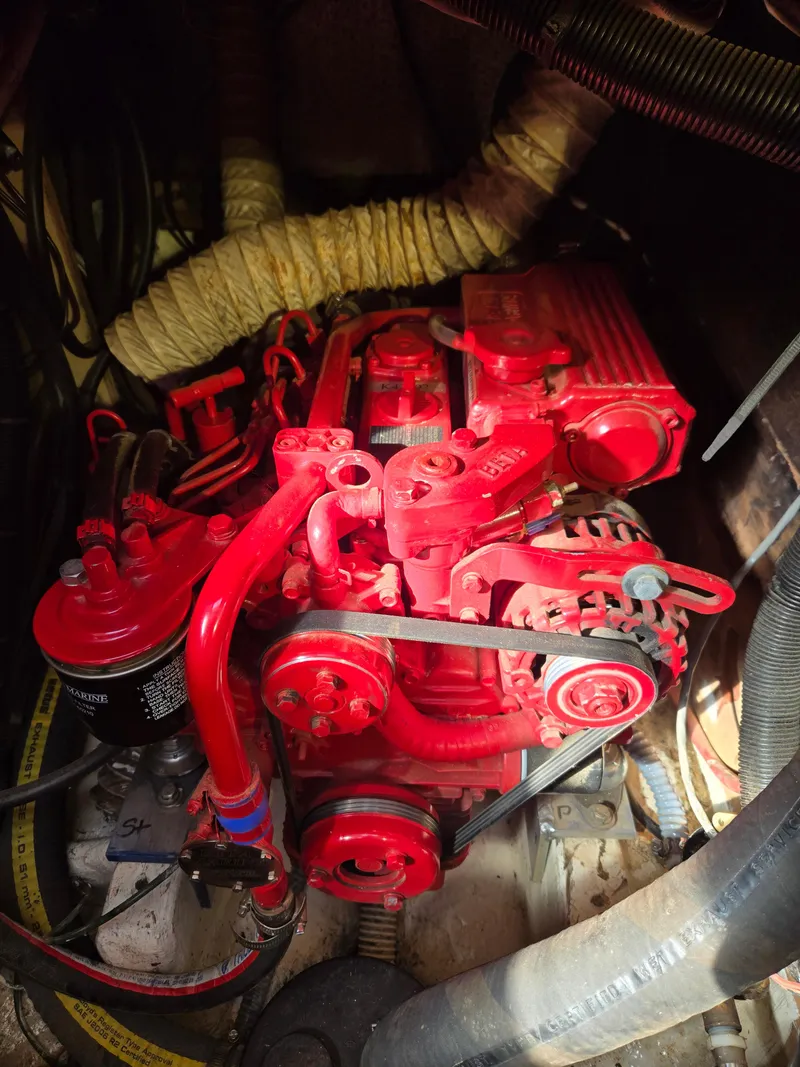 Slide: The Image of Red engine of a 1982 Bristol 35.5, featuring belts and hoses in a compact space. - 17