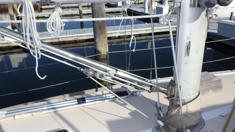 Slide: The Image of Close-up of 1982 Bristol 35.5 sailboat rigging and mast at a marina. - 7