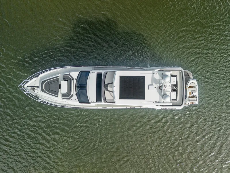 Slide: The Image of Aerial view of 2021 Galeon 680 Fly yacht on calm water. - 40