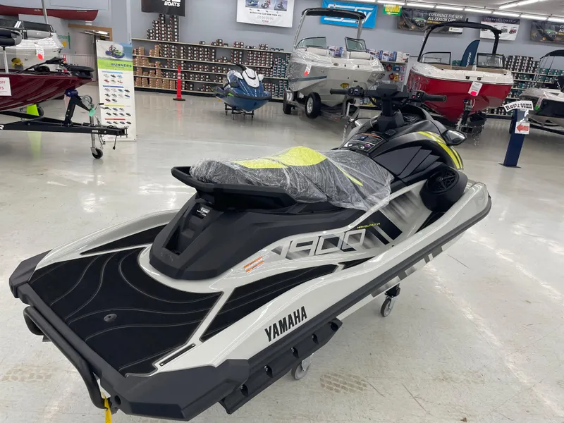 Slide: The Image of 2025 Yamaha WaveRunner GP HO jet ski displayed in a showroom. - 7