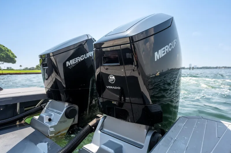 Slide: The Image of 2023 Cruisers Yachts 42 GLS OB with dual Mercury Verado outboard engines on water. - 41