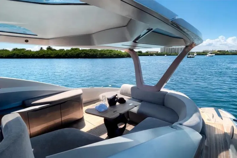 Slide: The Image of Luxurious Tecnomar Evo 55 yacht interior with scenic ocean view, 2017 model. - 8