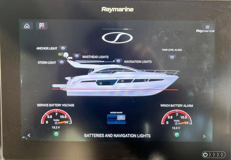 Slide: The Image of Raymarine display showing Schaefer 510 yacht's navigation and battery status, 2019 model. - 10